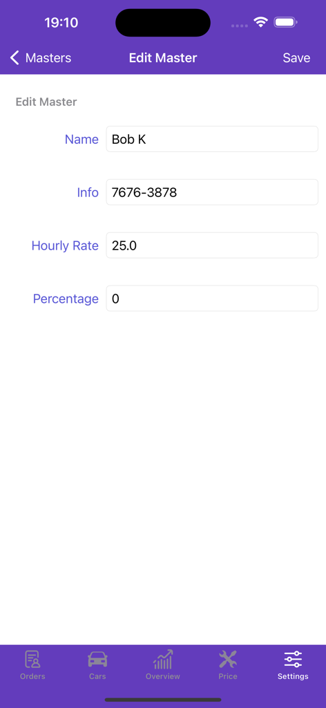 Interfaz para editar un perfil de técnico, incluyendo nombre, tarifa por hora y porcentaje de comisión.