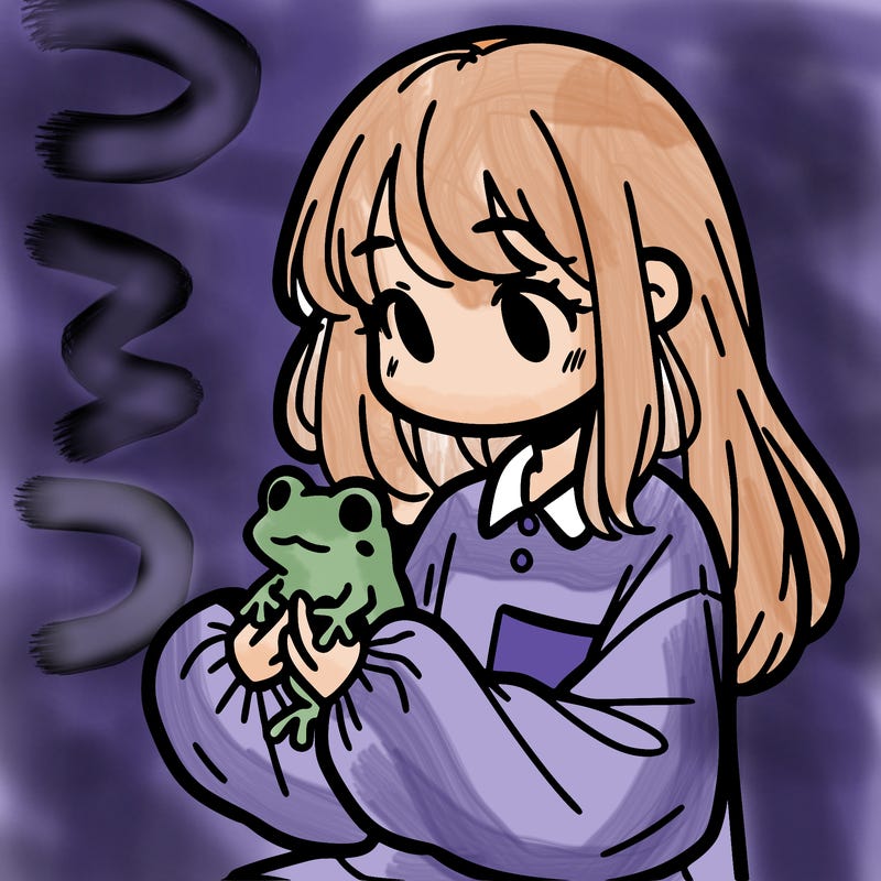girl with long hair and a oversized shirt. and she is holding a frog