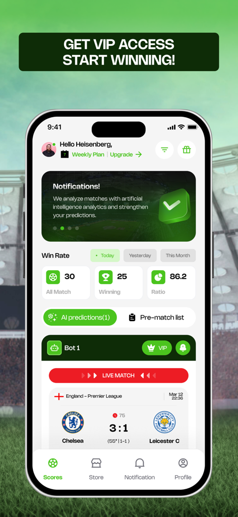 GoalGPT - GoalGPT app interface displaying AI soccer predictions win rate and live scores for Premier League matches