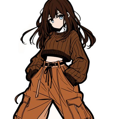 anime teen girl with baggy pants and crop top with sweater