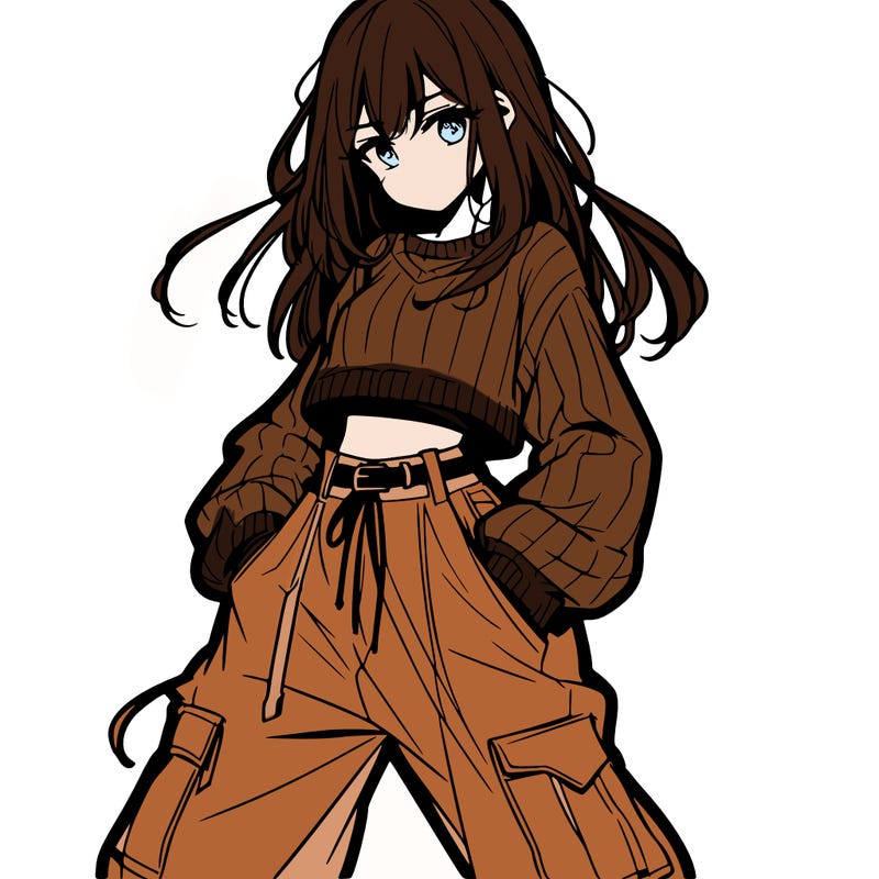 anime teen girl with baggy pants and crop top with sweater