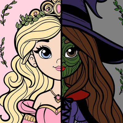 detailed realistic split of a princess and a witch