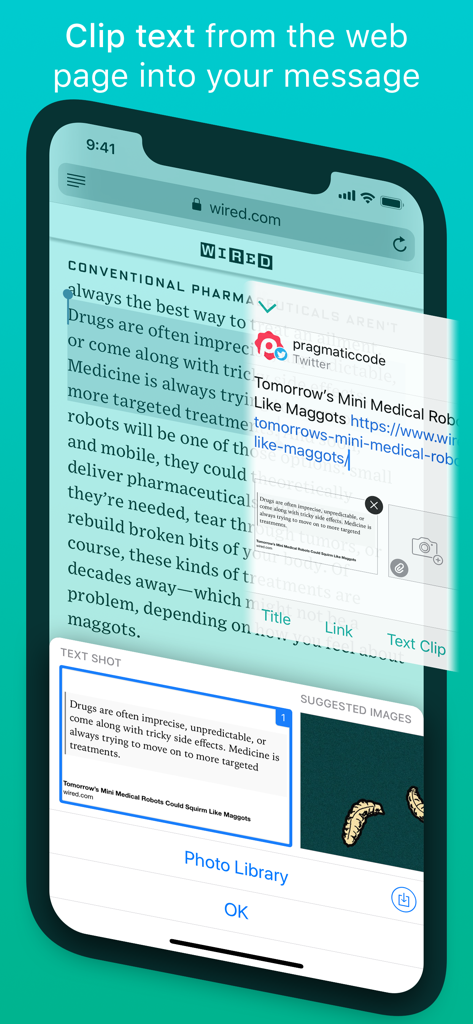 Linky app share extension showing text clipped from a website and converted into a styled text shot for social media