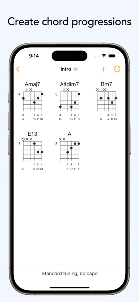 ChordMate 4 - ChordMate 4 app interface showing a sequence of guitar chord diagrams for songwriting