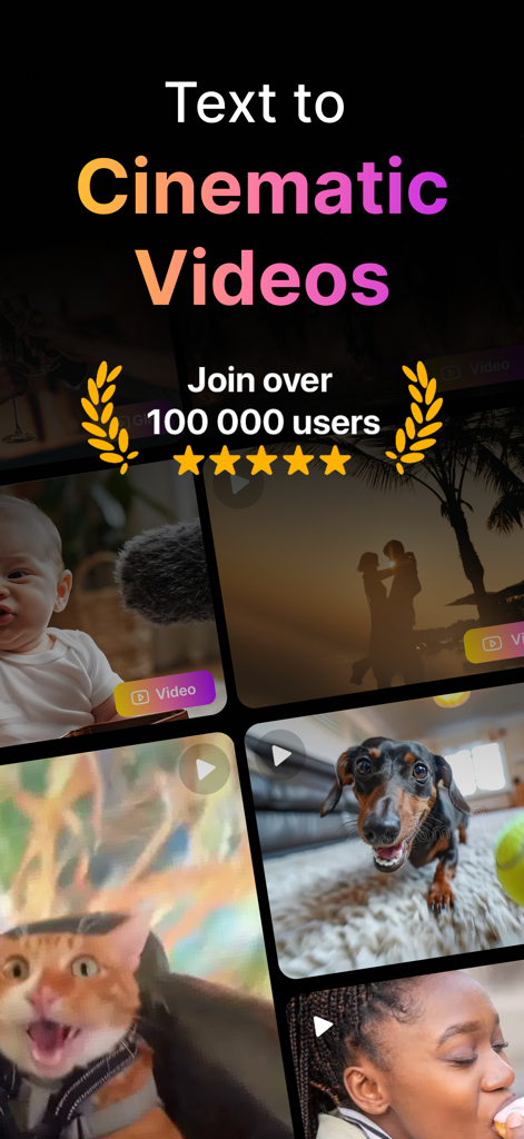 PixGen - AI Video Generator - PixGenアプリの画面、テキストからシネマティック動画への機能を示し、赤ちゃん、犬、夕日のAI生成クリップの例を表示