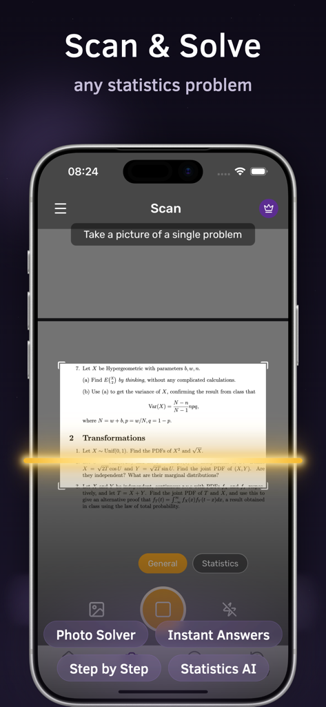Statistics Problem Solver AI - Smartphone interface scanning a statistics math problem using AI