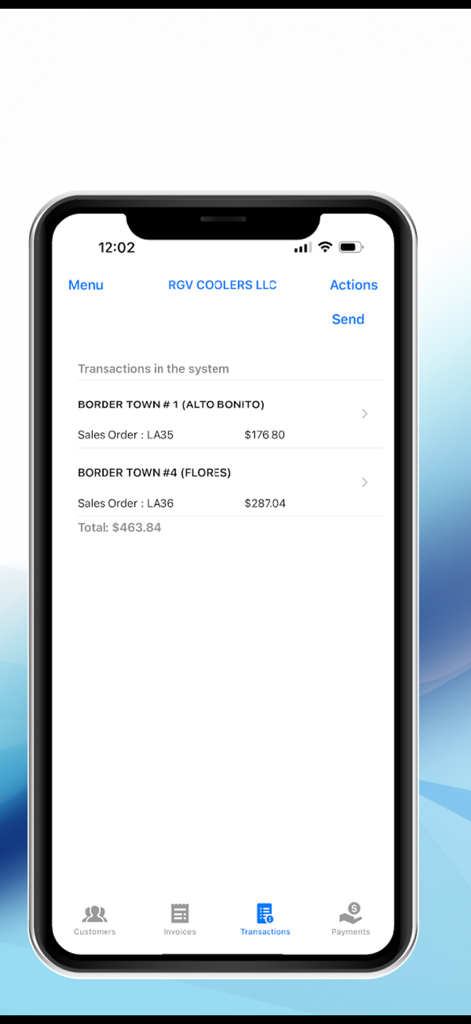 A mobile screen from the Laceup app showing a list of sales order transactions and totals for a field sales representative