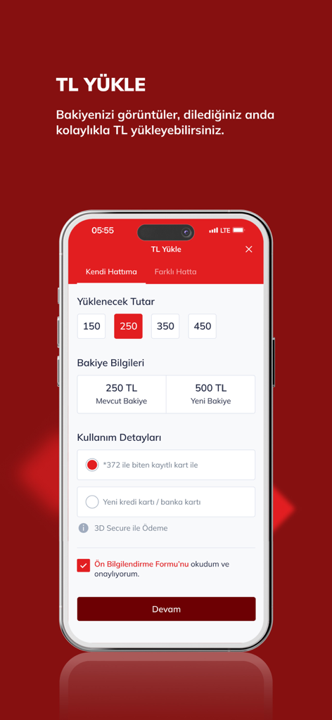 Bimcell Online İşlemler - Bimcell mobile app interface for topping up balance with options for selecting amount and payment method