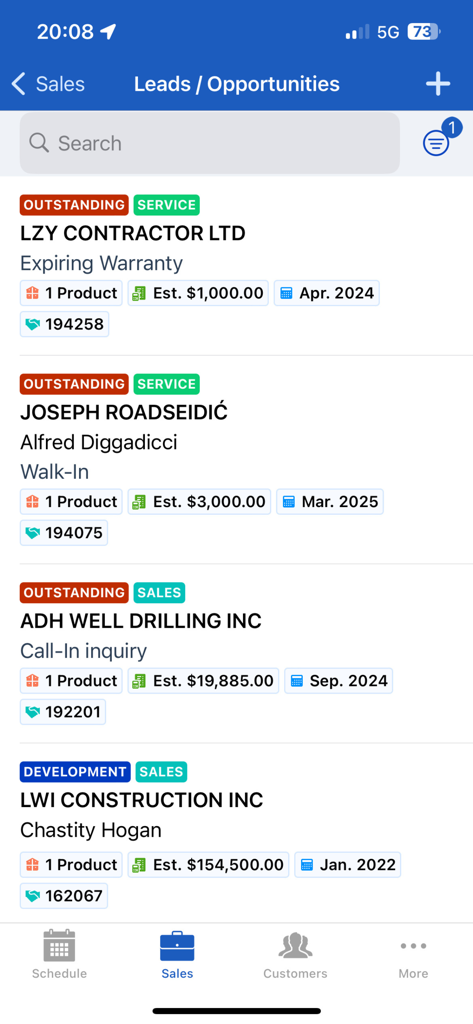 SalesLink Flex - SalesLink Flex mobile interface displaying a list of sales leads and business opportunities for equipment dealerships