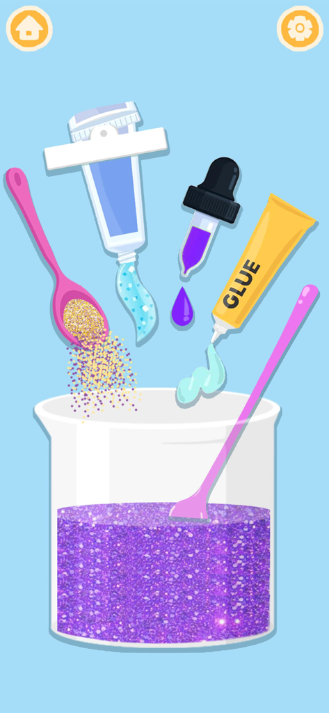 Satisfying ASMR Makeup Games - Una schermata di gioco che mostra un becher riempito di glitter e colla per il mixaggio di trucchi fai-da-te in un gioco ASMR.