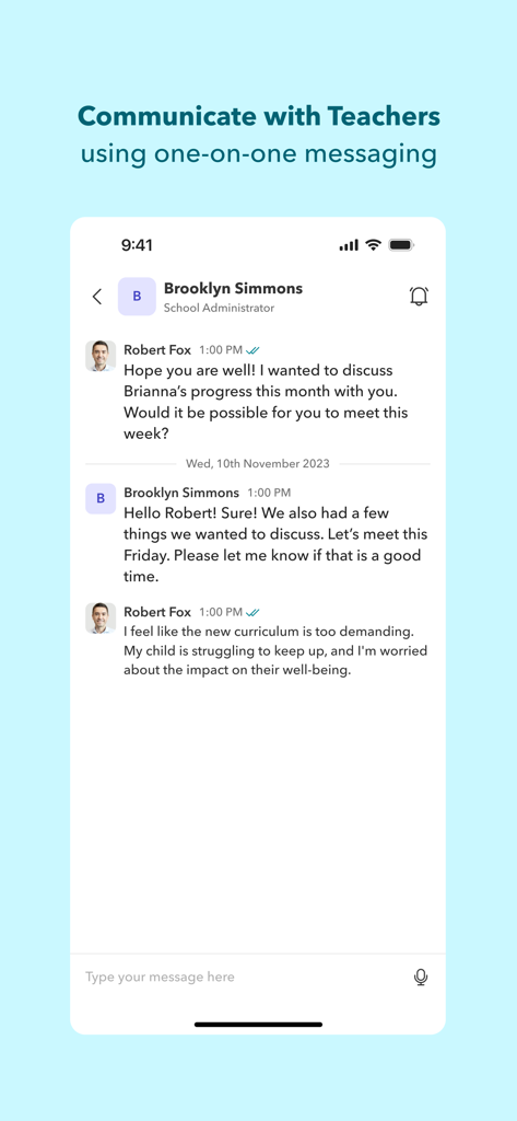 Toddle Family - A screenshot of the Toddle Family app displaying the one on one messaging interface between a parent and a school administrator.