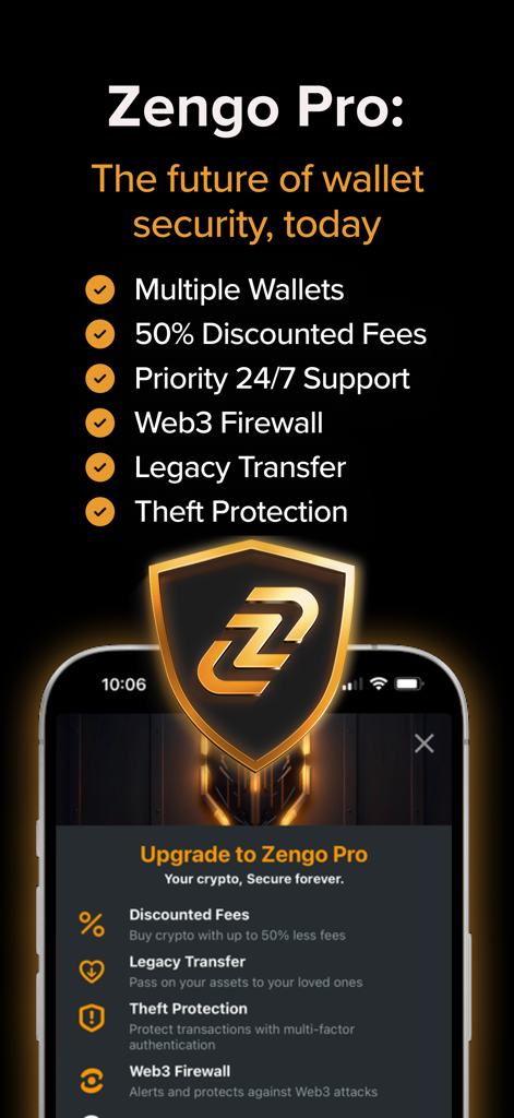 Liste des fonctionnalités de l'abonnement Zengo Pro incluant la protection contre le vol par transfert successoral et le pare-feu Web3