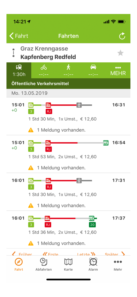 BusBahnBim - Screenshot der BusBahnBim-App, der Reiseziele und Fahrpläne des öffentlichen Nahverkehrs in Österreich zeigt