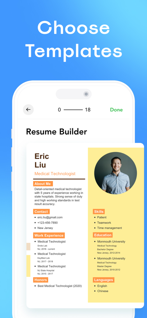 Resume Maker & CV Builder App - Interfaz de aplicación móvil para elegir plantillas de currículum profesionales