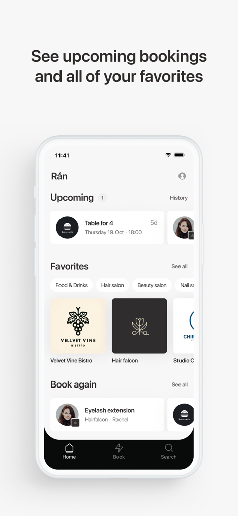 Pantalla de inicio de la aplicación Noona que muestra próximas citas y proveedores de servicios favoritos.