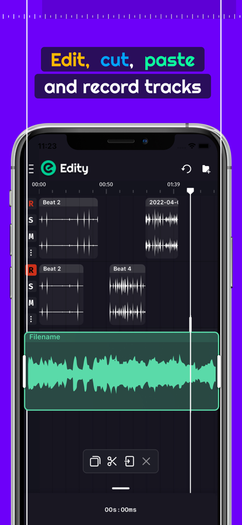 Audio Lab: Music,Voice Editor - Mobile audio editing app interface showing multitrack recording and waveform editing tools