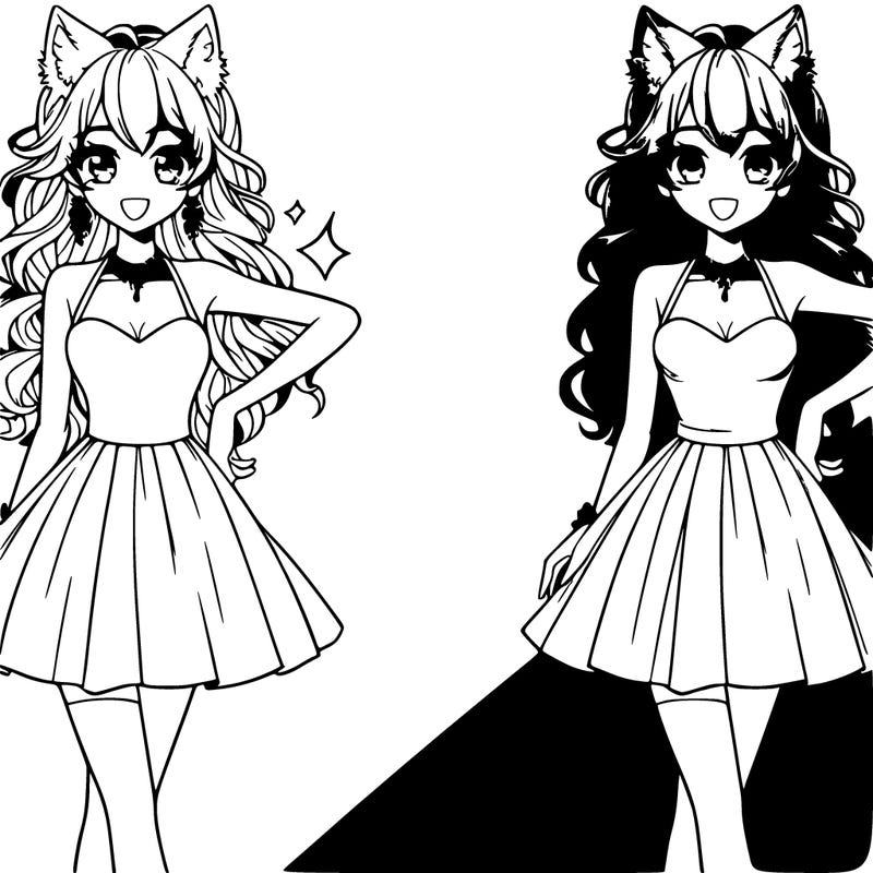 cute anime girl big eyelashes long hair (her hair cut is called a wolf cut) at the red carpet in a short skinny dress and she has one hand on her hip and the other arm down on her side smiling with earings