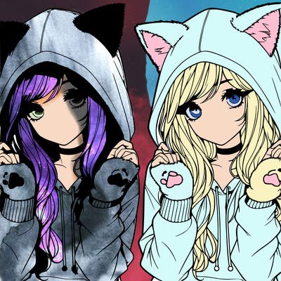 realistic girl in hoodie with cat ears and cat paw gloves