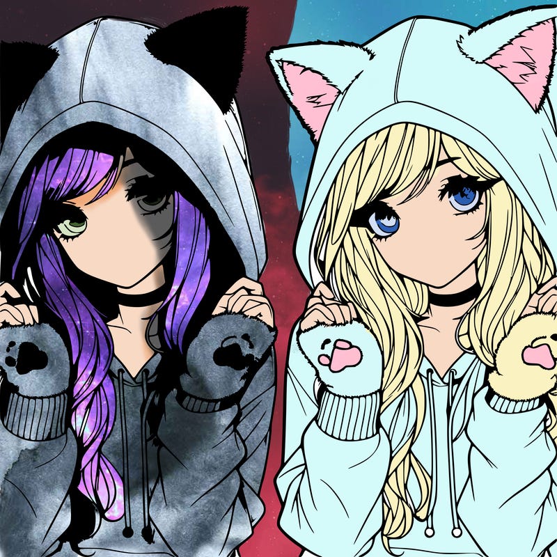 realistic girl in hoodie with cat ears and cat paw gloves