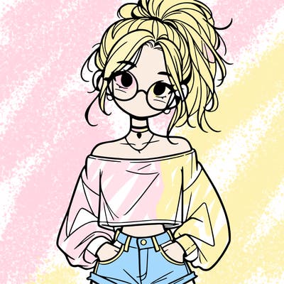 girl with a messy ponytail glasses a baggy crop top and jean shorts