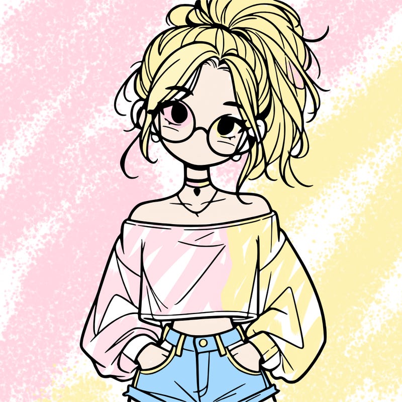 girl with a messy ponytail glasses a baggy crop top and jean shorts
