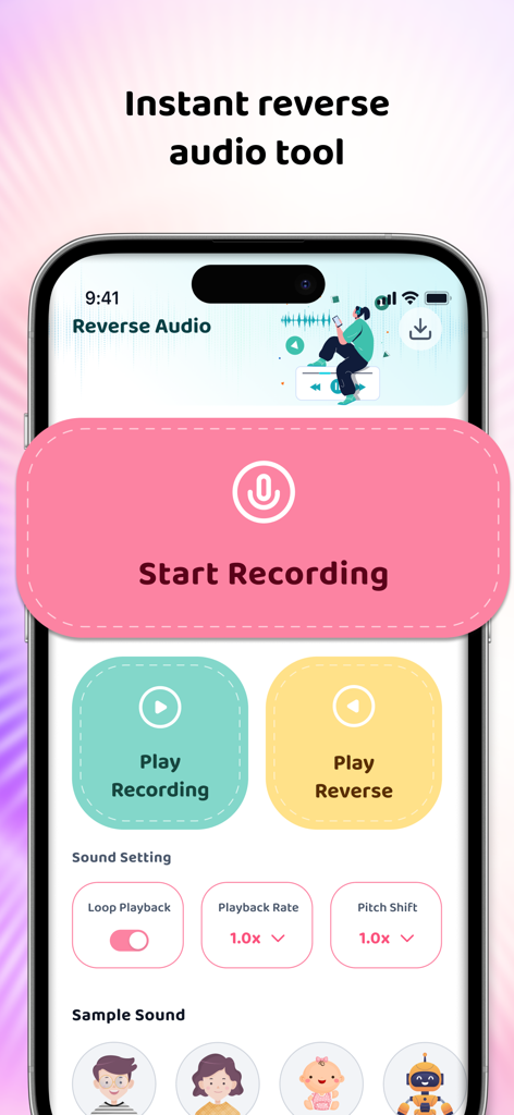 Main interface of the Reverse Audio app featuring a large start recording button and reverse playback options