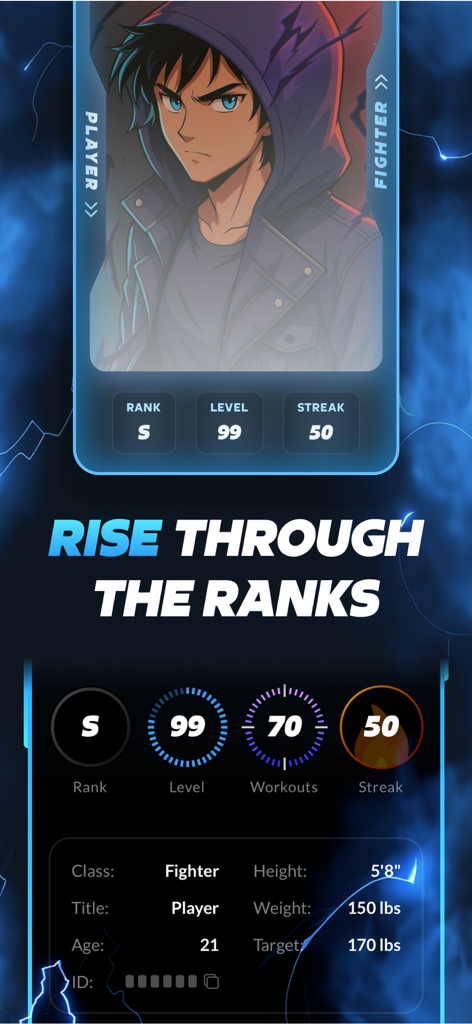 Arise app user profile displaying an anime character and RPG fitness stats like rank and level.