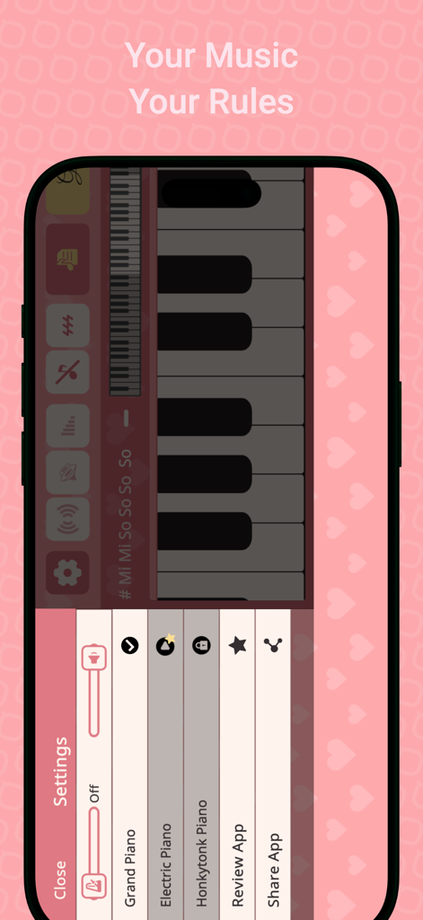 Settings menu of Pink Piano app showing options for different piano sounds and volume control on a pink heart background.