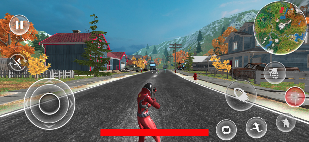 Fight Fort Epic Battle Royale - Gameplay screen of Fight Fort Epic Battle Royale showing a character in a red suit on a suburban road with on-screen controls