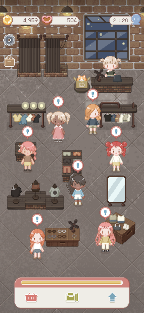 Tiny Boutique : Fashion Game - A top-down view of a pixel art fashion boutique with customers and clothing displays.