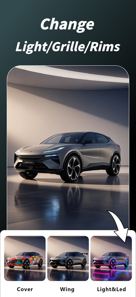 Interface do aplicativo Modificações de Carros com IA mostrando opções para alterar luzes, grade e rodas do carro com diferentes pré-visualizações de estilo, como capa, asa e LED