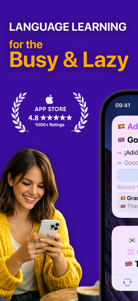 Lingo: Daily Language Learning - Gráfico promocional para o aplicativo de idiomas Lingo mostrando um iPhone com widgets na tela inicial e uma mulher usando seu telefone