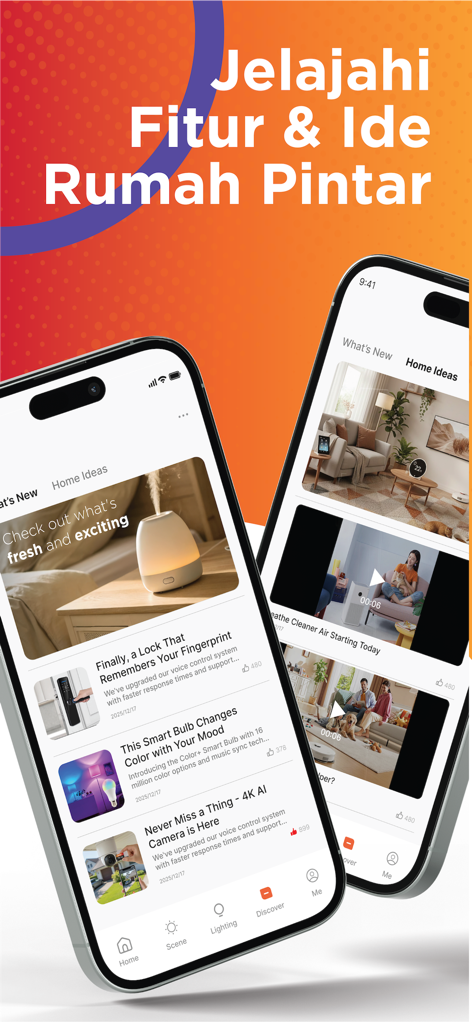 SYNC by Krisbow - Two iPhones displaying the SYNC by Krisbow app interface featuring smart lock and AI camera news and home improvement ideas.