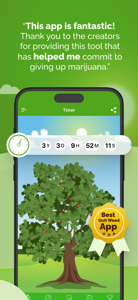 Grounded: Quit Weed Smoking - A screenshot of the Grounded app showing a three-year sobriety timer and a large growing oak tree symbolising progress.