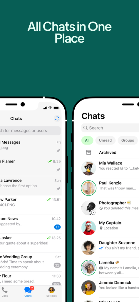 전문가를 위해 통합된 보기에서 여러 채팅 계정과 메시지를 보여주는 모바일 애플리케이션 인터페이스.