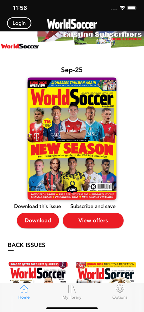World Soccer Magazine - Pantalla de inicio de la aplicación World Soccer Magazine con la guía de la nueva temporada de septiembre de 2025