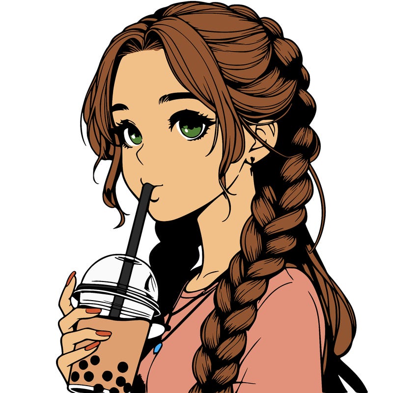 realistic girl with braided hair drinking boba
