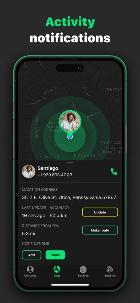 Find Us: Phone Number Tracker - A screenshot of the Find Us app showing a contact location on a map with distance and address details.