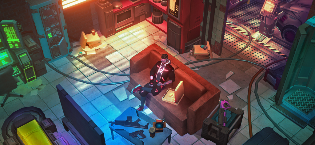 Cyberika: Action Adventure RPG - Personaje relajándose en un apartamento cyberpunk de neón crudo en Cyberika.