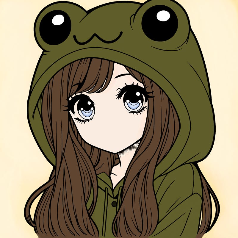 a pretty girl wearing a frog hoodie portrait with long hair