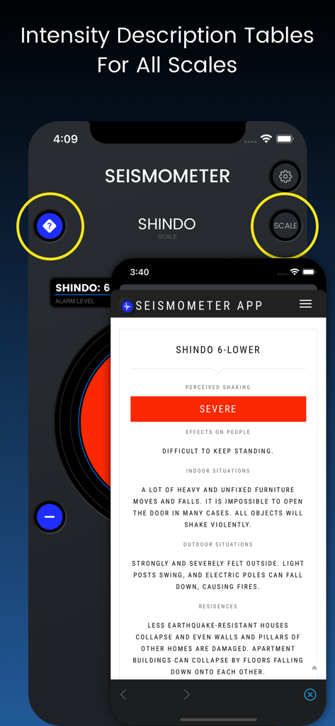 Screenshot of the Seismometer app showing an earthquake intensity description table for Shindo 6-Lower
