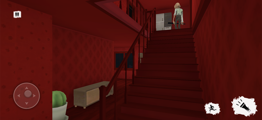 Nightmare Scary Neighbour Game - Un vecino aterrador se encuentra en lo alto de una escalera en una casa roja