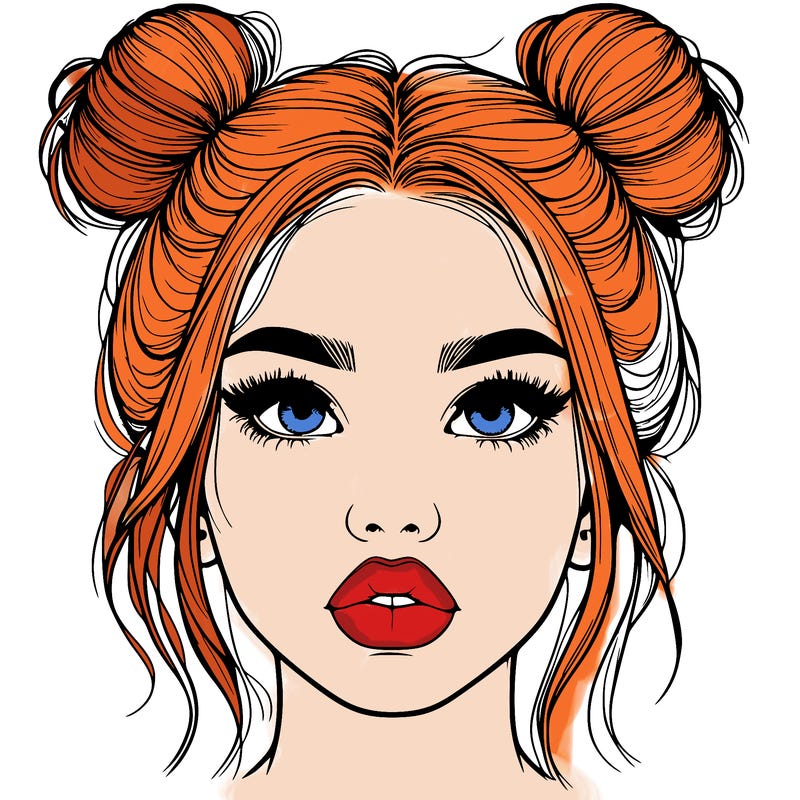 realistic girl with two buns on her hair and lips