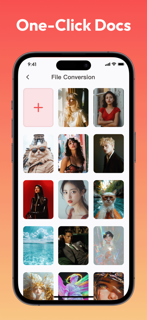Tela de conversão de arquivos do aplicativo Flexi PDF mostrando uma galeria de imagens para criação de documentos