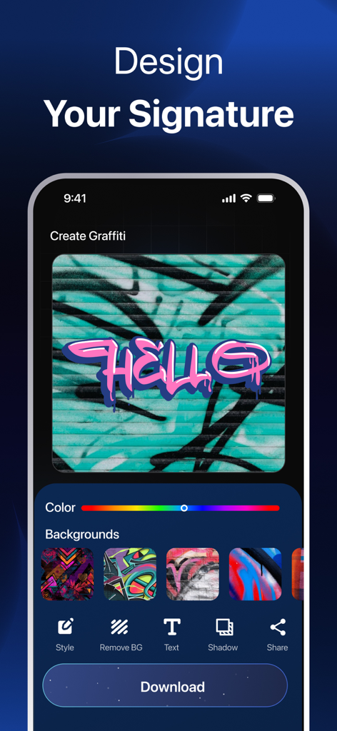AI Logo Maker - MeLogo - Interface of the MeLogo app showing the AI graffiti maker feature with a pink text design