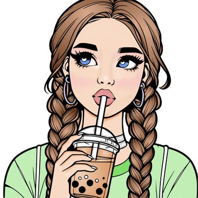 realistic girl with braided hair drinking boba