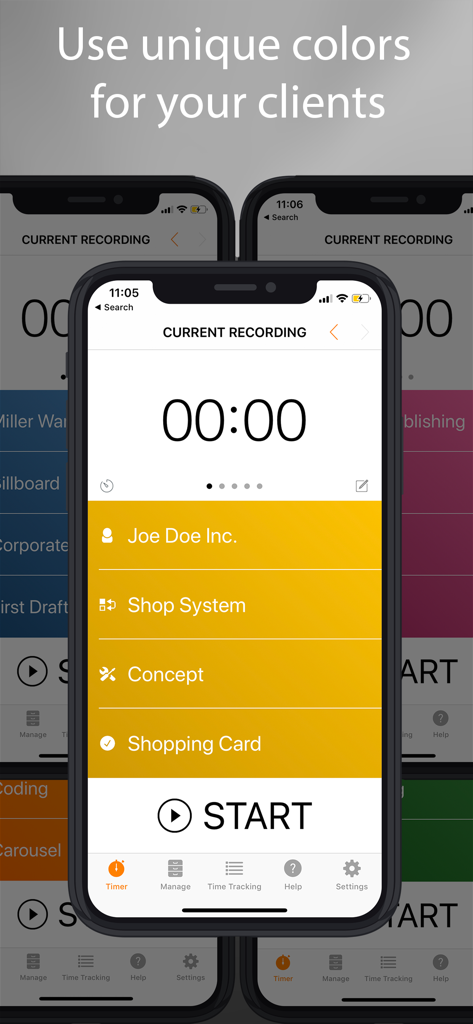 timeEdition - Time Tracking - Interface of the timeEdition app showing the use of unique colors for tracking different clients and projects