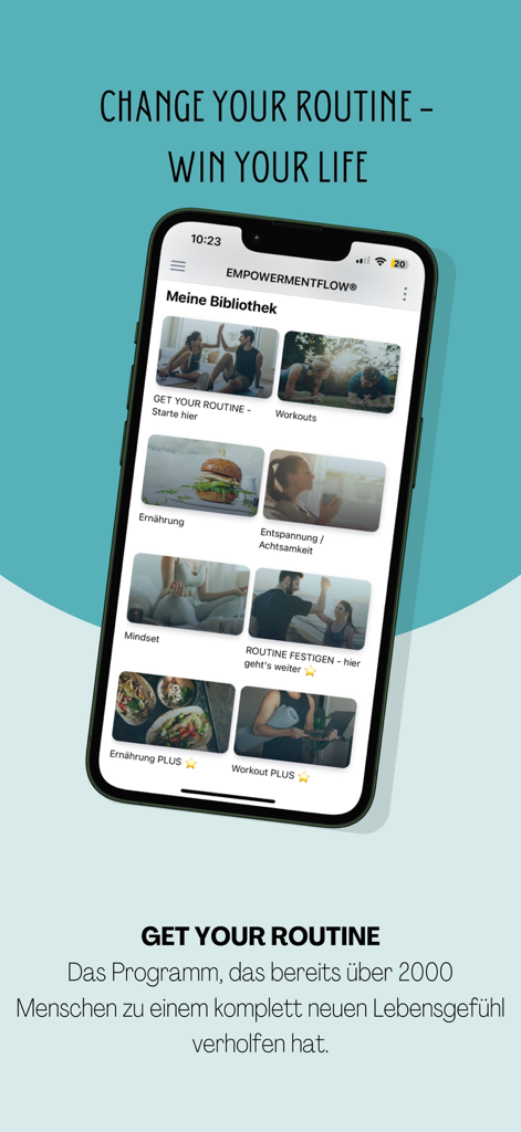 EMF Content - Panel de la aplicación EMF Content que muestra secciones de entrenamiento, nutrición y mentalidad