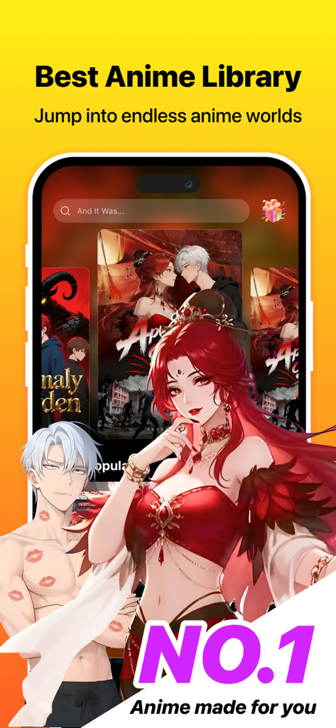 Mangogo – Original Anime - Screenshot of Mangogo app interface featuring its best anime library and romantic character artwork