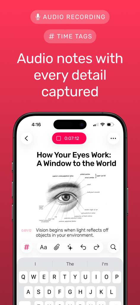 Noted: Record & AI Transcribe - Interface de l'application Noted sur iPhone montrant l'enregistrement audio et des notes d'étude horodatées